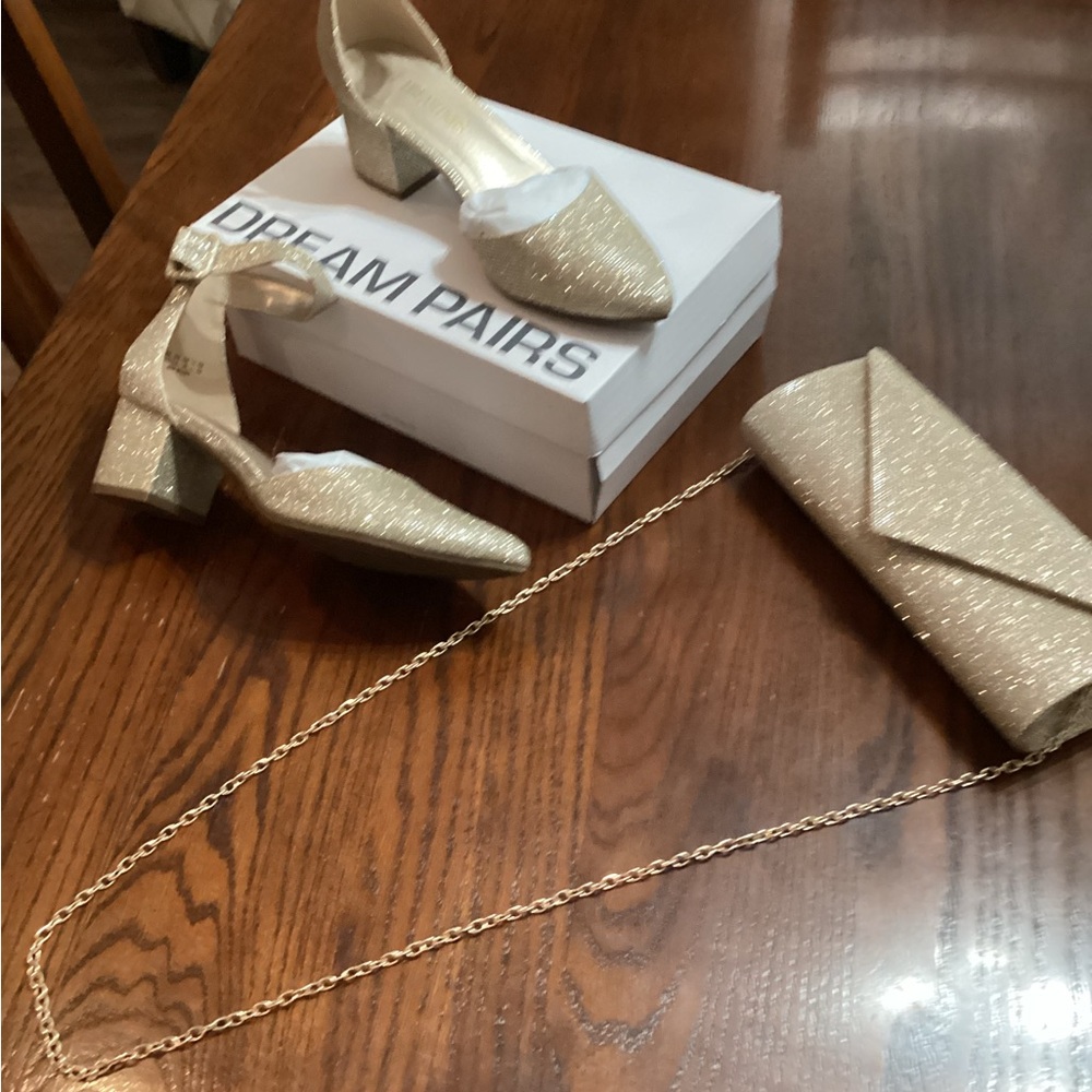 Dream Pairs Glittering Gold Clutch and matching Shoes